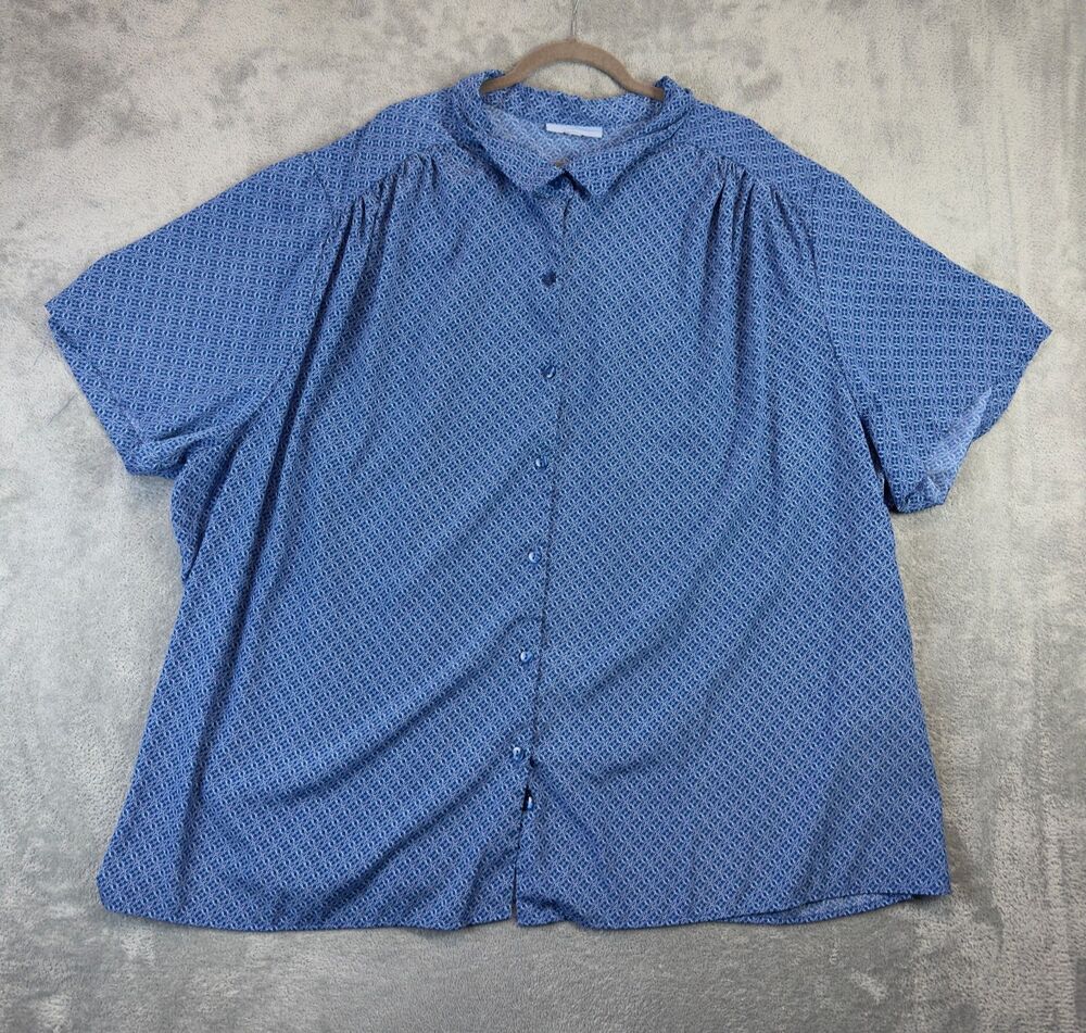 Only Necessities Shirt Womens 4X Blue Plus Size Button Up Short Sleeve Geometric
